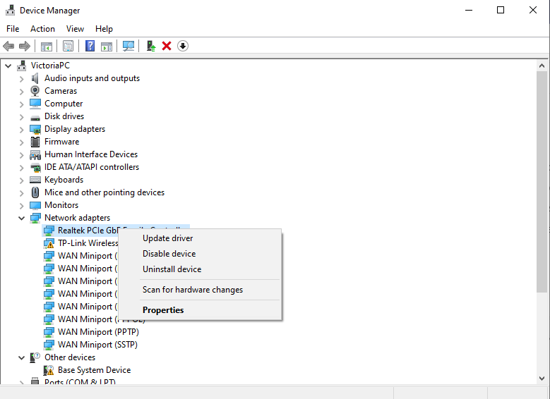 A screenshot showing the Realtek PCIe GbE Family Controller