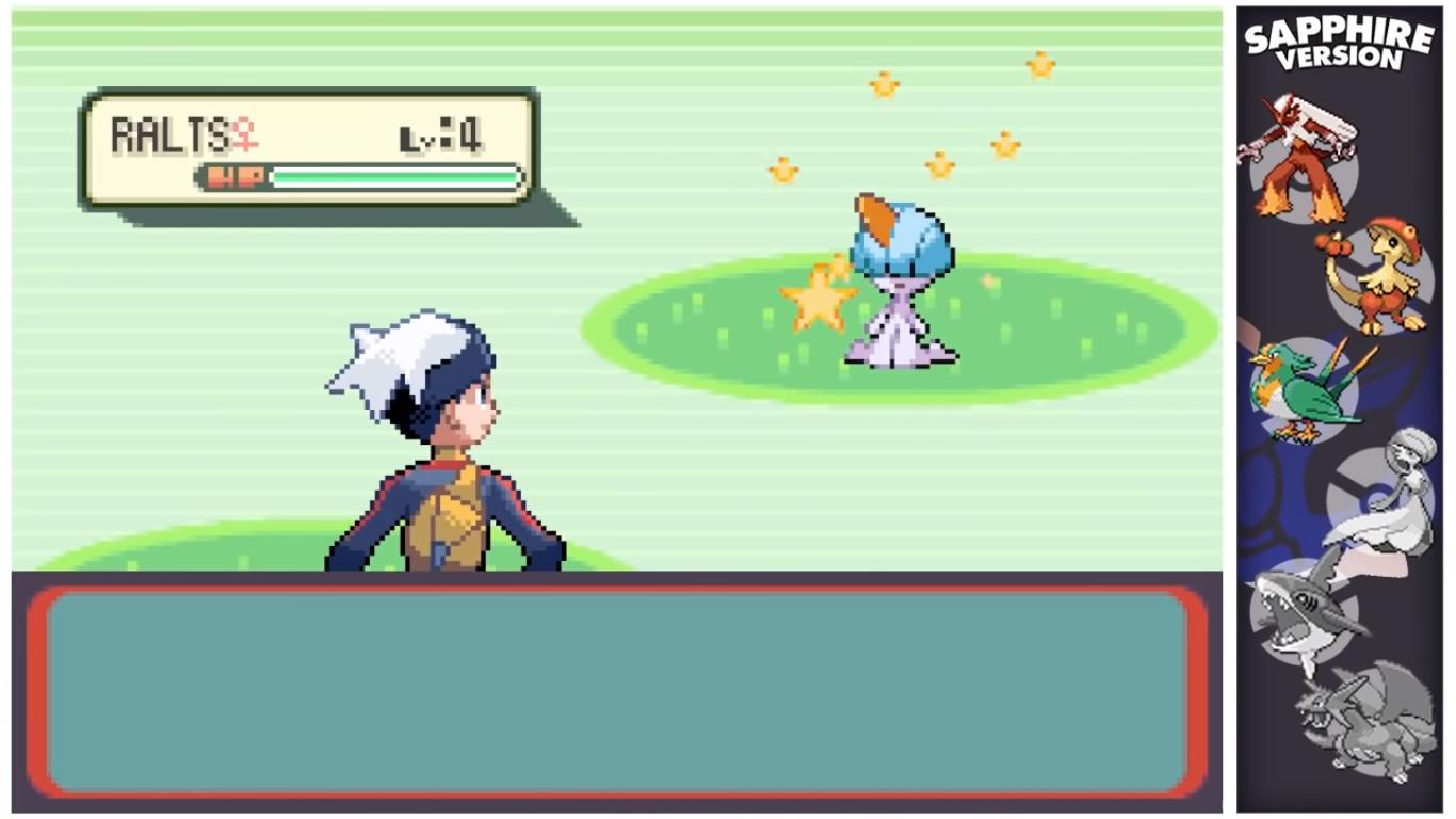 A screenshot of a shiny Ralts in Pokemon Sapphire.